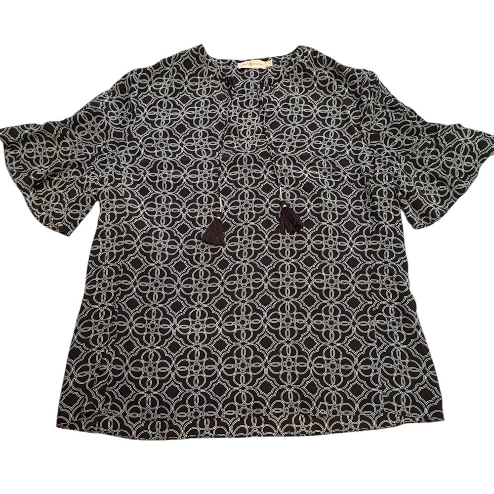 Tory Burch 100% Silk Blouse Top Size 14 Geometric Printed Tassel Tie Boho Chic